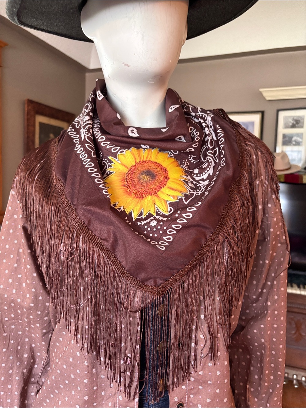 # 108 Fringe Sunflower Bandana Scarf - Brown